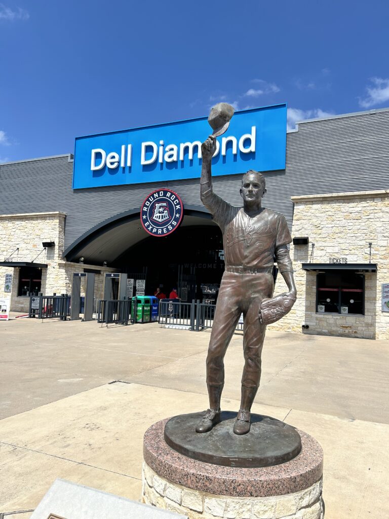 Entrance to Dell Diamond baseball stadium with Nolan Ryan statue